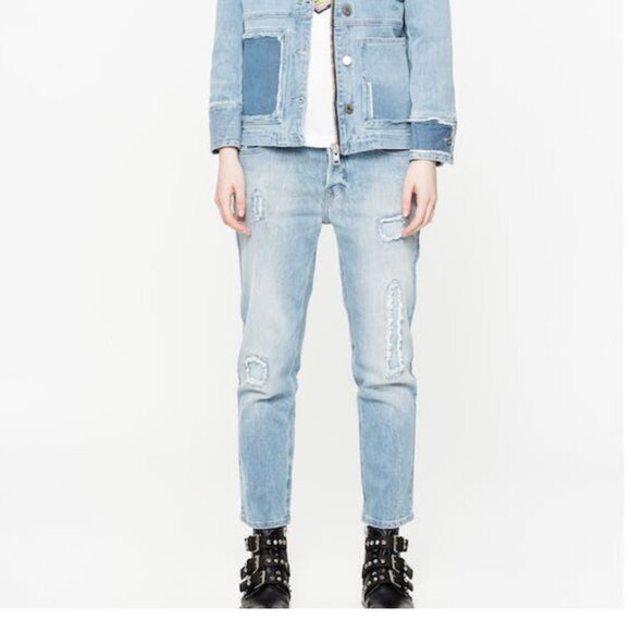 Zadig & Voltaire Elios Denim Destroy Jeans Light Medium Patchwork Denim Sz 25 - Picture 1 of 12